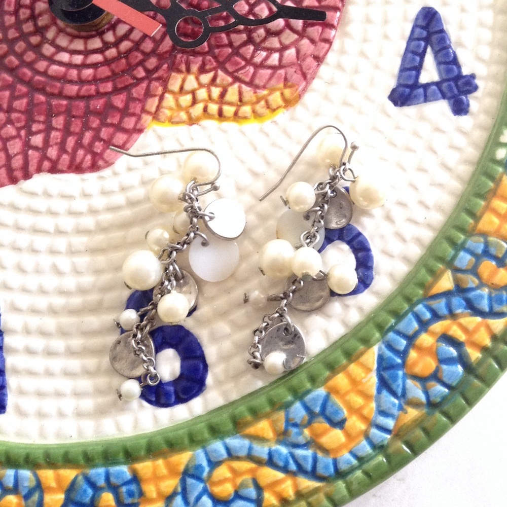 Vintage Dangling Faux Pearl & Abalone Cluster Dangling Earrings - Picture 2 of 6